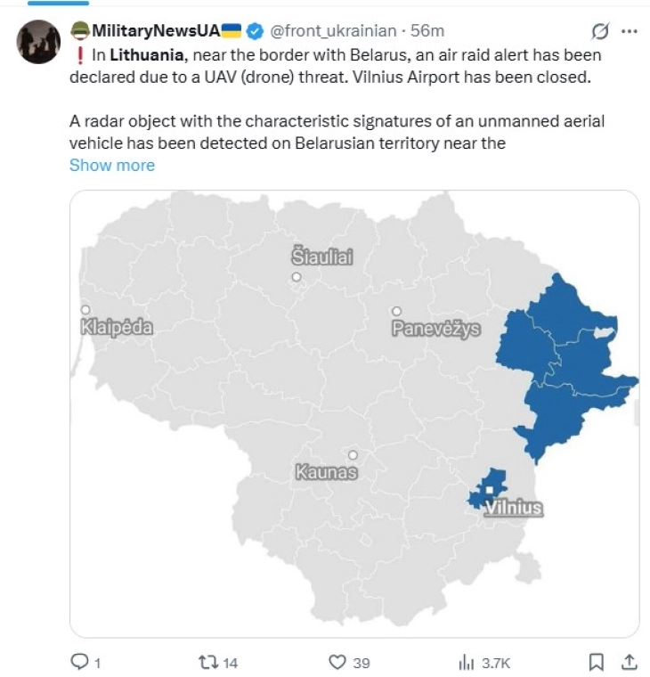 Прогласена воздушна опасност во Литванија, армијата апелира до граѓаните веднаш да побараат безбедно место